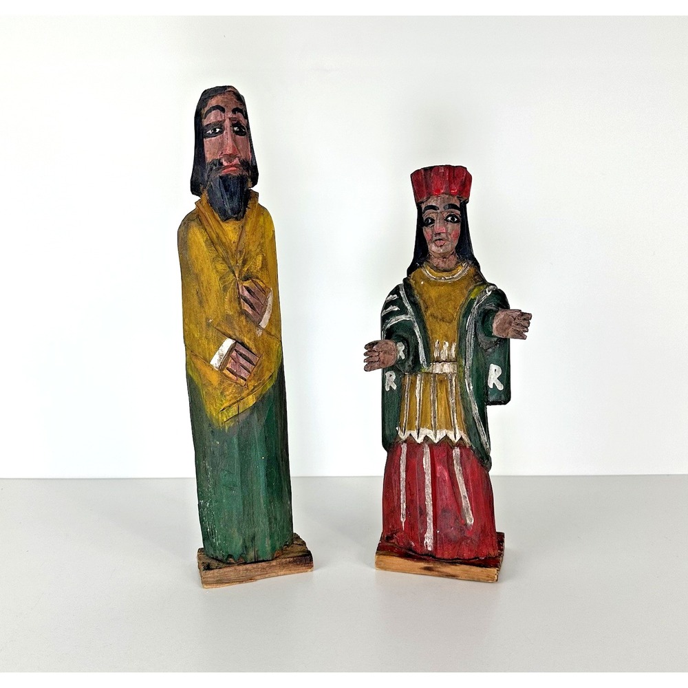 Vintage Santos Figure Religious‎ Folk Art Wooden Carved Saint Handmade Set of 2